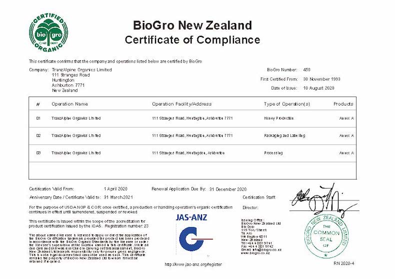 Certificate of BioGro